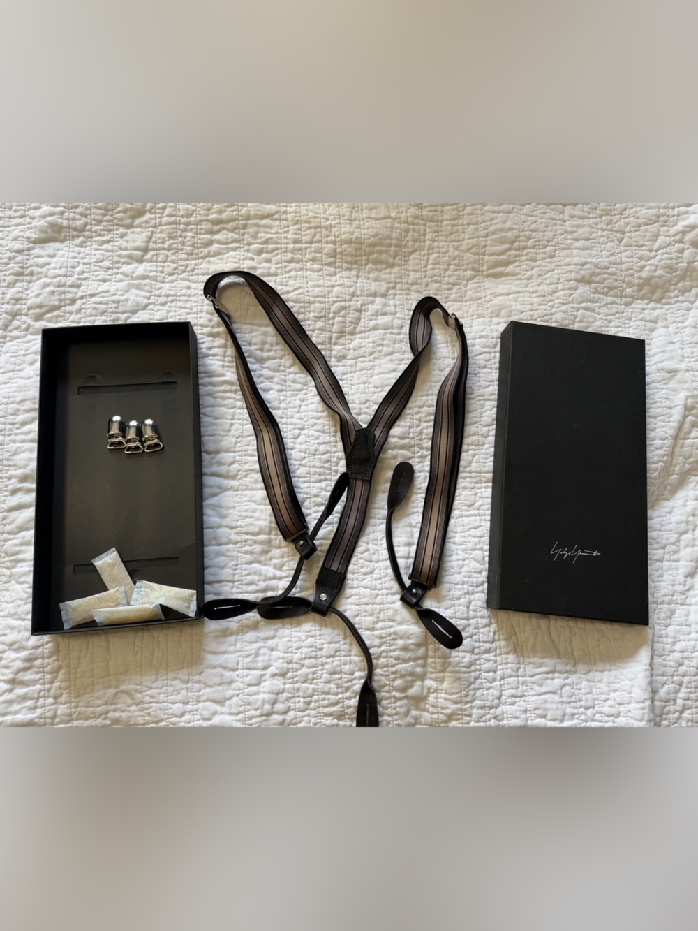 Yohji Yamamoto Black and Brown Striped Men's Suspenders